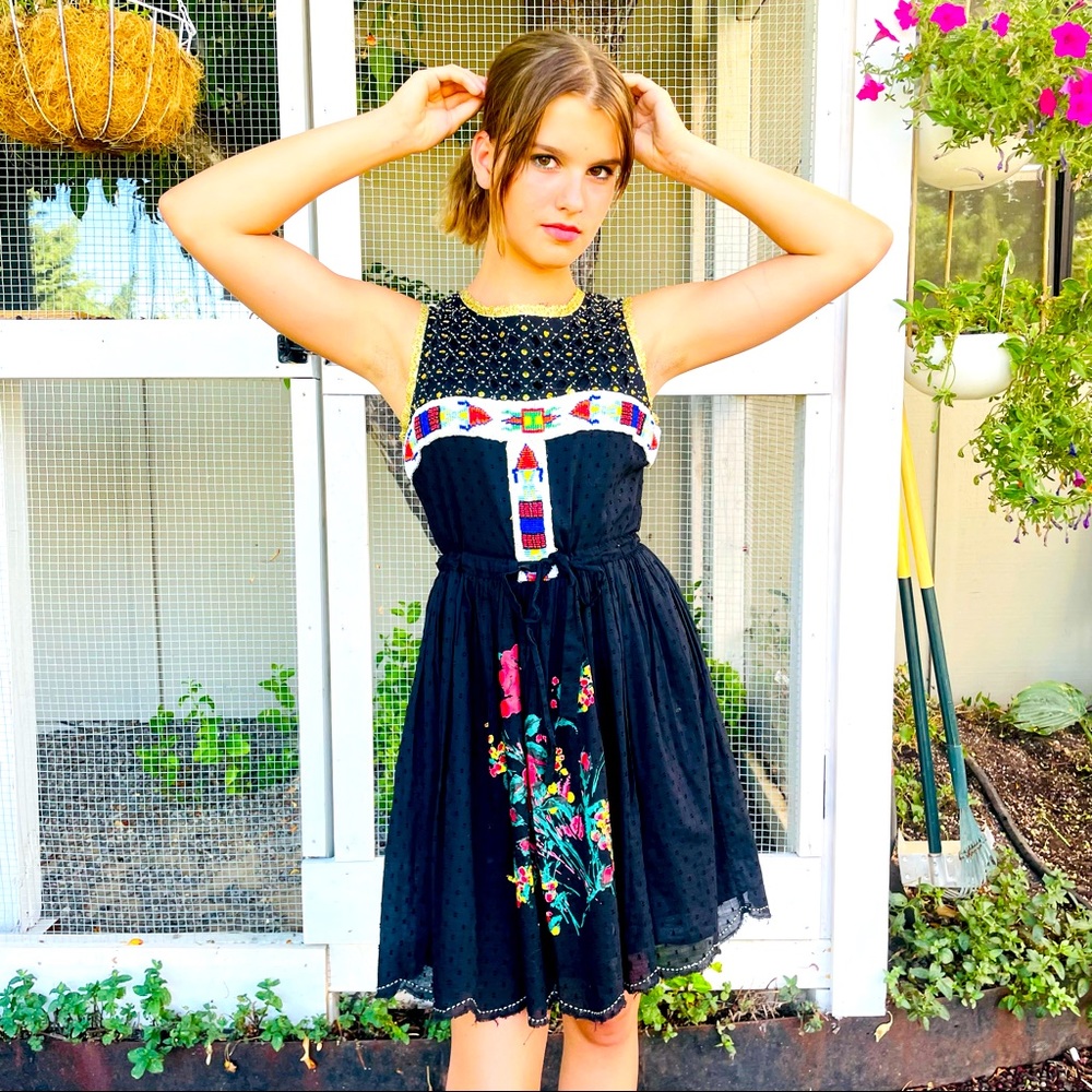 Manoush Black Hand Painted Mini Dress Size 2.  Native American Beading.